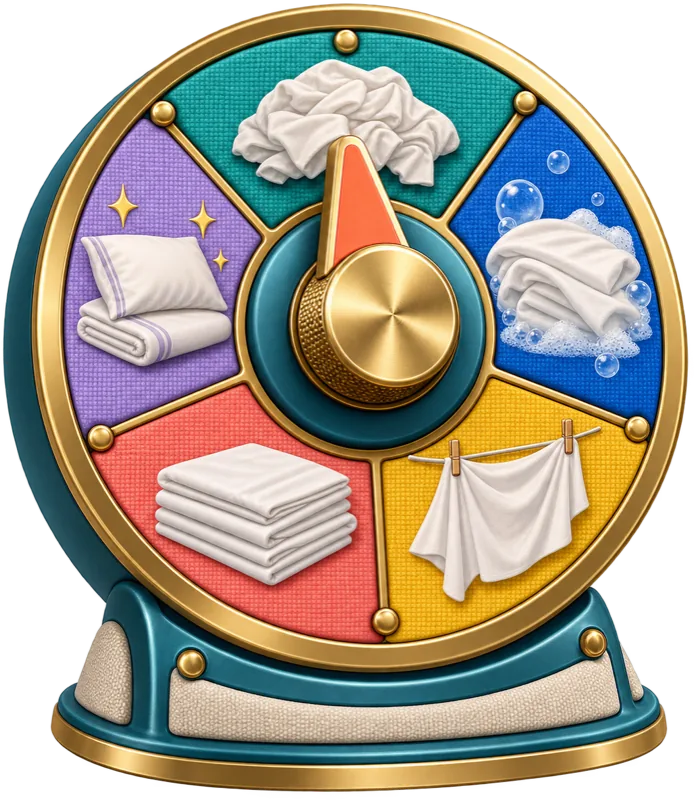 Illustrated brass laundry state dial showing rumpled, washing, drying, folded and fresh positions