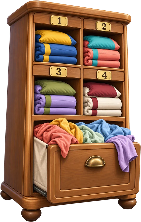 Illustrated wooden cabinet with four numbered cubbies of folded bedding sets above an open drawer overflowing with laundry