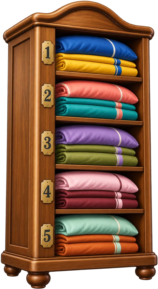 An illustrated numbered linen cabinet holding five shelves of folded sheet sets in rotation order
