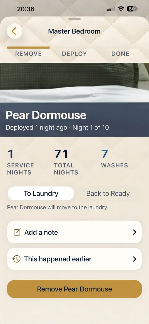 The Change Sheets flow at its first step, removing the current set and sending it to the laundry