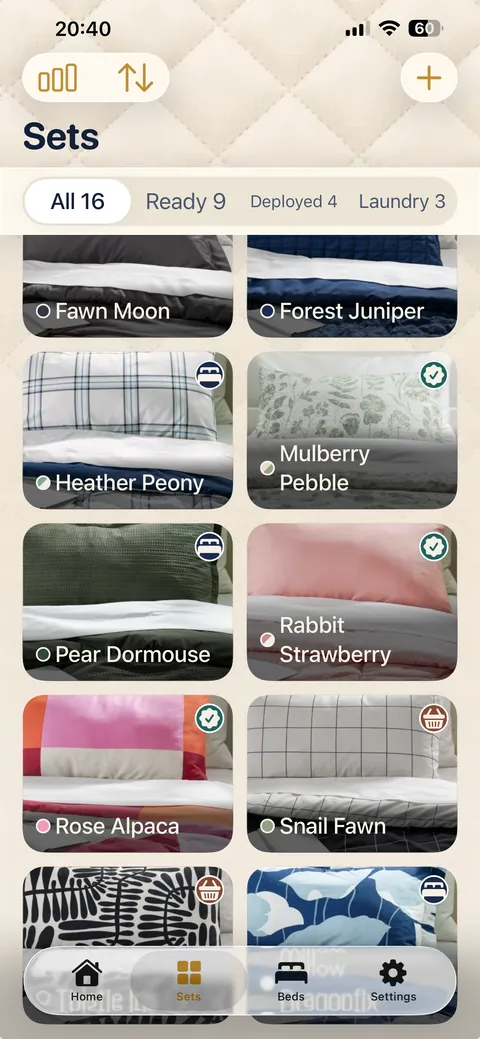 The Sets grid of photographed bedding sets, filtered by All, Ready, Deployed and Laundry